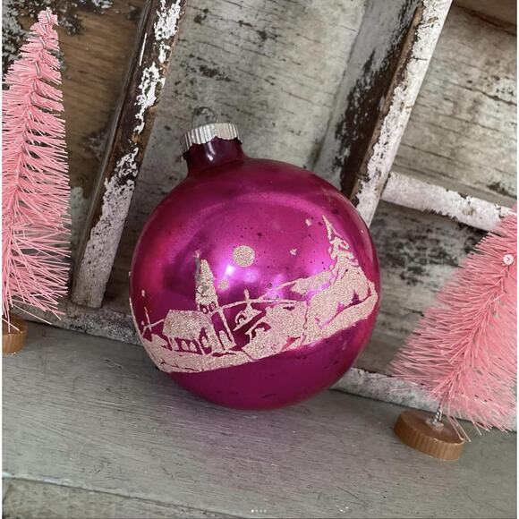 Vintage Pink Shiny Brite Glass Ornament Stencil Winter Church Valentine Jumbo - Picture 2 of 4